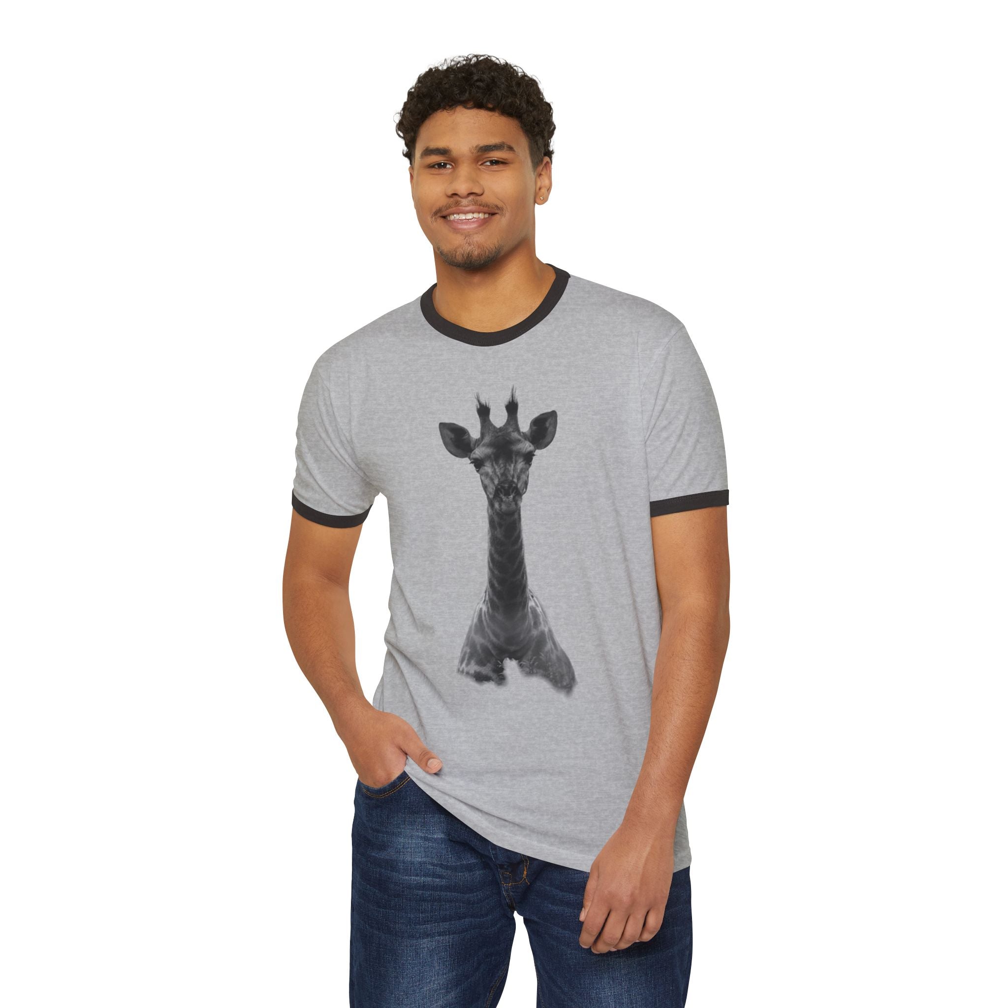 Eco-Friendly Giraffe Ringer T-Shirt, Animal Lover Gift, Nature Conservation Tee, Fun Casual Wear, Unique Graphic Shirt