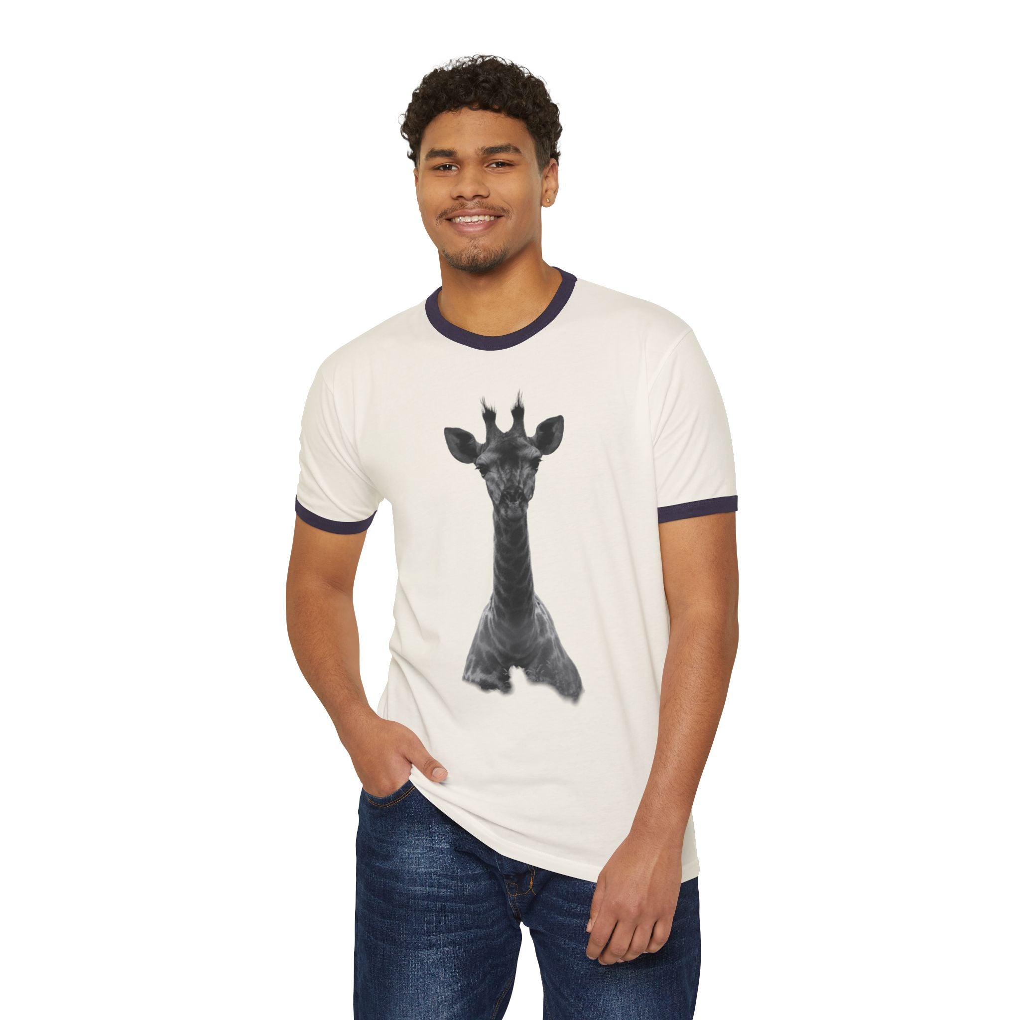 Eco-Friendly Giraffe Ringer T-Shirt, Animal Lover Gift, Nature Conservation Tee, Fun Casual Wear, Unique Graphic Shirt