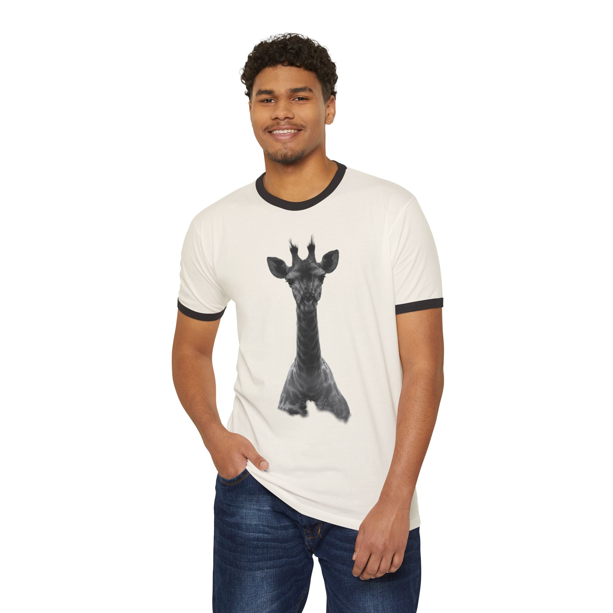 Eco-Friendly Giraffe Ringer T-Shirt, Animal Lover Gift, Nature Conservation Tee, Fun Casual Wear, Unique Graphic Shirt
