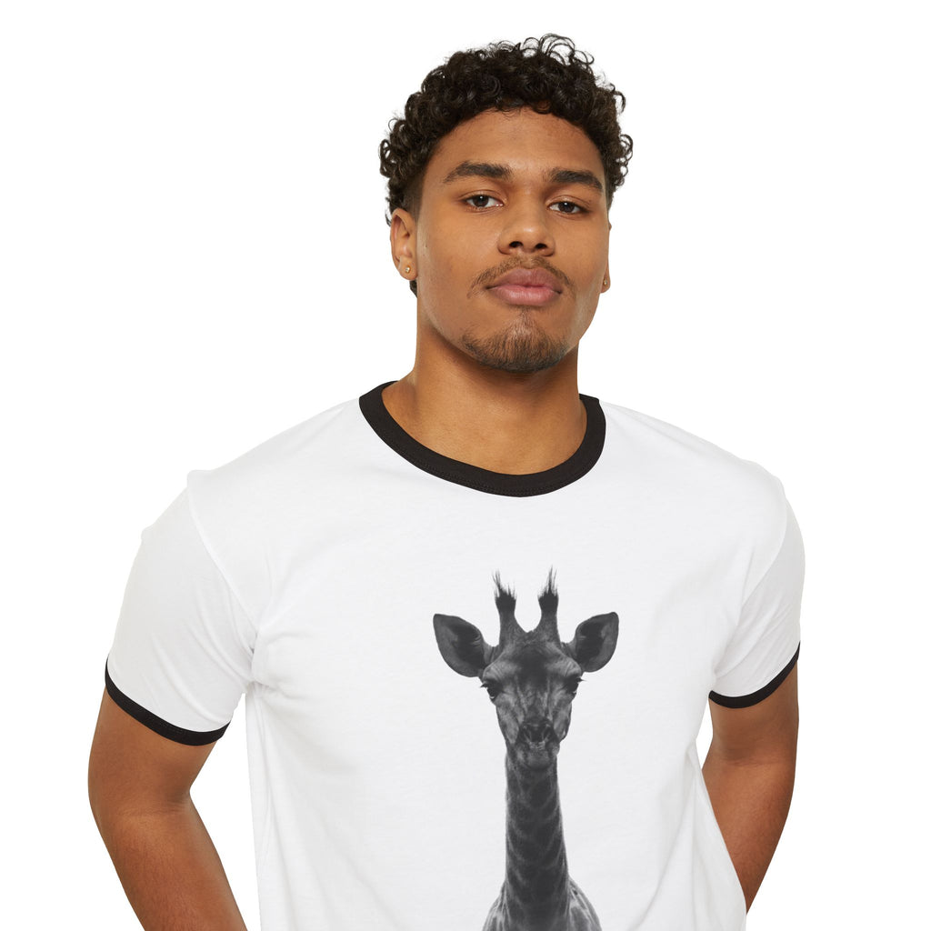 Eco-Friendly Giraffe Ringer T-Shirt, Animal Lover Gift, Nature Conservation Tee, Fun Casual Wear, Unique Graphic Shirt